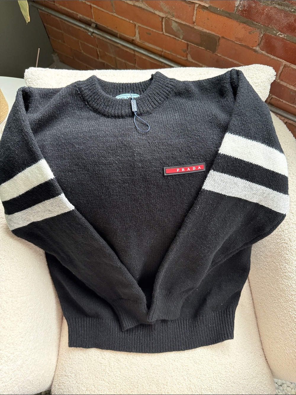 Men’s Black Crewneck Sweater with White Sleeve Stripes
